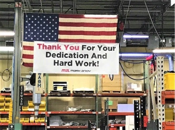 Screen Shot 2020-09-17 at 12.43.43-web Banner thanking Mark Andy's employees was placed in the manufacturing building in Missouri, United States. Photo Mark Andy