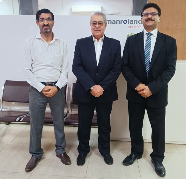IMG202cropWeb600 L-R Rahul Chitkara CFO, Neeraj Dargan managing director and Peter Rego director Business Development Manroland Sheetfed India Photo Manroland Sheetfed India