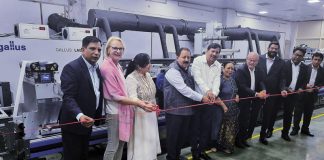 With the Gallus Labelmaster at Pinnacle Traxim L-R Narendra Kulkarni, Karin Ferdinand Rueesch, Sunita Gulati, Lalit Gulati, Surendra Juneja, Madhu Juneja, Ferdinand Rueesch, Sandeep Juneja, Samir Patkar, and Harish Gogia Photo Heidelberg India