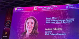 Luciana Pellegrino, president of the World Packaging Organization making the keynote presentation at the 11th Elite Conference on Specialty Films and Flexible Packaging in Mumbai on 30 September 2024 Photo HyeJeong Ahn